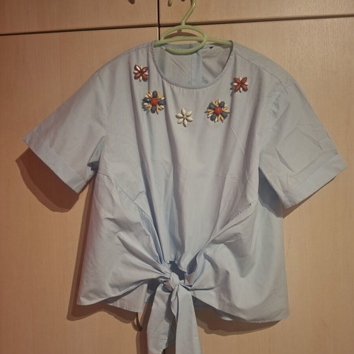 Zara blouse with front tie and decorative details, like new, turquoise, size M