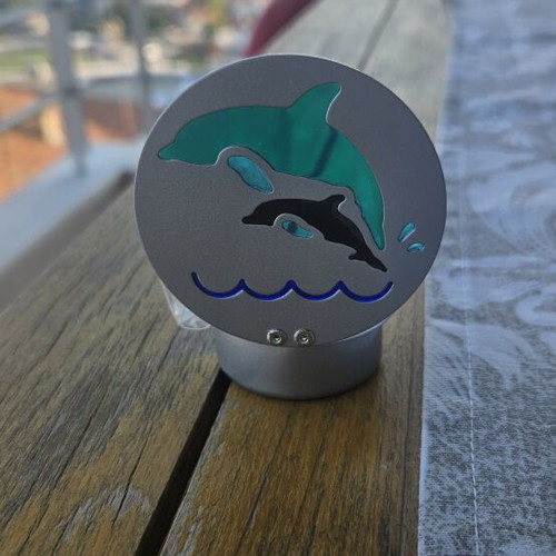 Set of 2 metal tealight holders with dolphin stained glass design