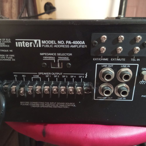 Inter-M PA-4000 amplifier used, 120W, 6 mic inputs, 5 zones