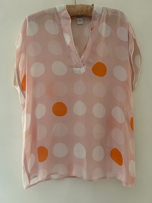Eterna blouse like new with white and orange polka dots on pink