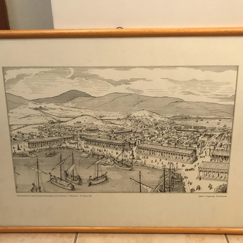 Vintage framed prints of ancient Piraeus by M. Skouloudis, like new, set of 2