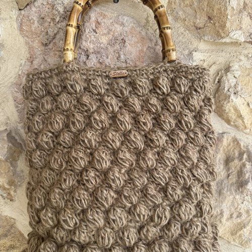 Handmade knitted Stella bag with bamboo handles, like new, beige and brown