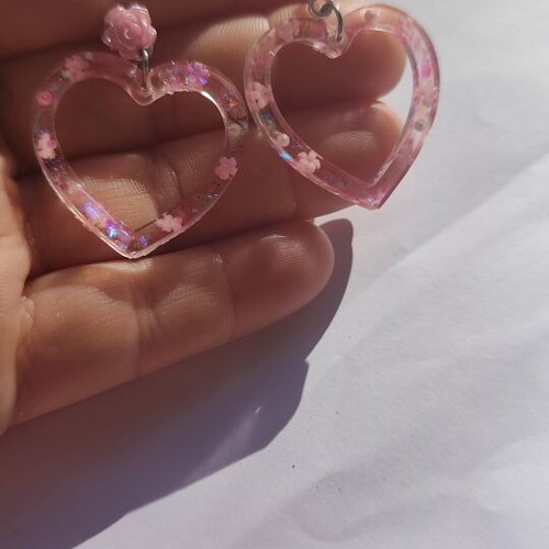 Handmade heart earrings with pink flower, new