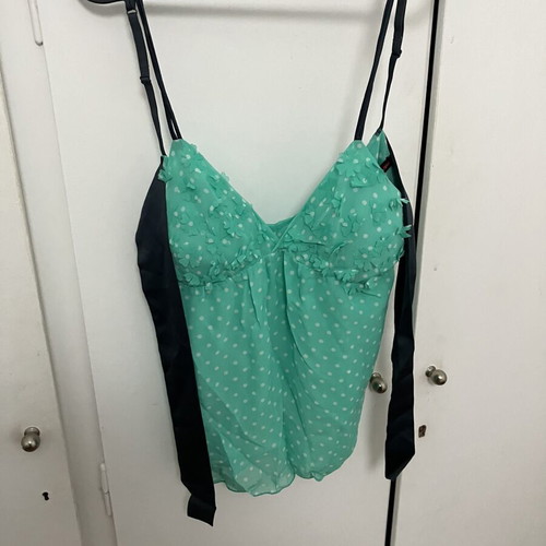 Undiz Mint/Turquoise Polka Dot Top with Navy Blue Ribbon S/M Like New