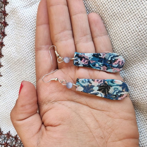 Floral blue printed earrings made to order, wooden with cat's eye stone