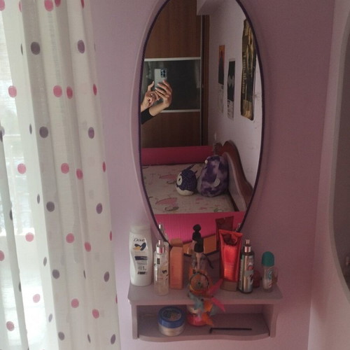 Wooden oval mirror with lilac shelf like new