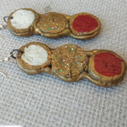 Cork earrings handmade from scratch in gold, red, and white