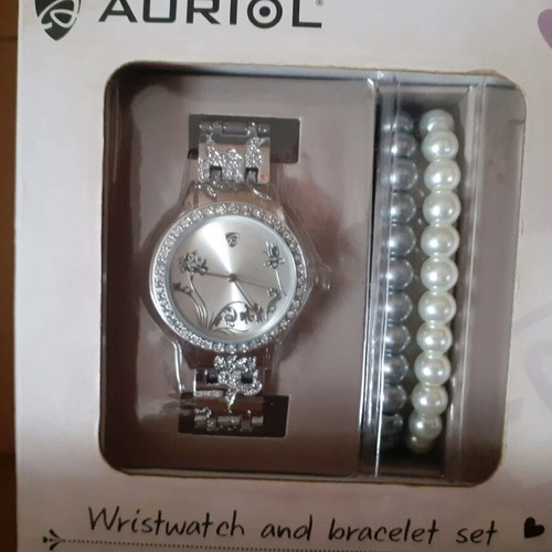 Watch bracelet set like new, silver with crystals and pearls