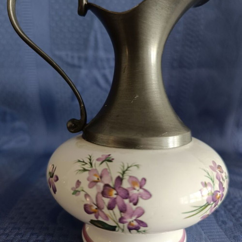 Small pitcher or vase from French porcelain and pewter like new