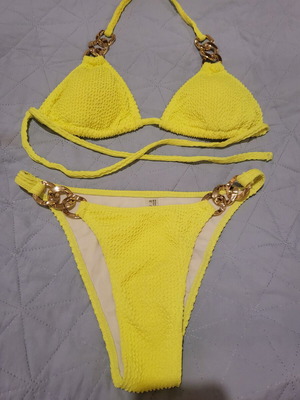 Bikini like new with gold plastic chains in bright yellow