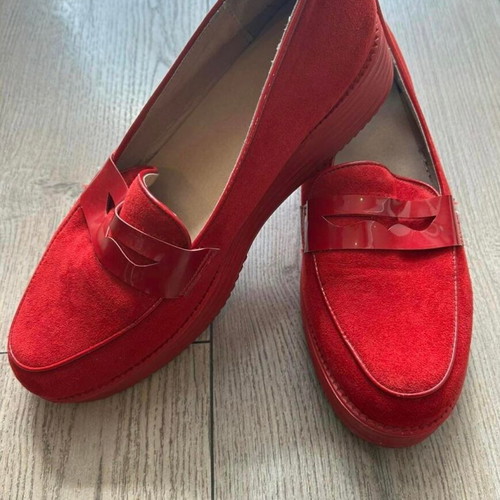 Red women's suede moccasins, size 39