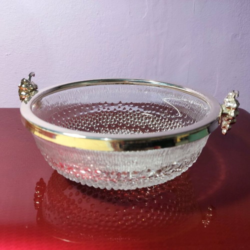 Vintage glass bowl with metal rim and grape handles in like new condition