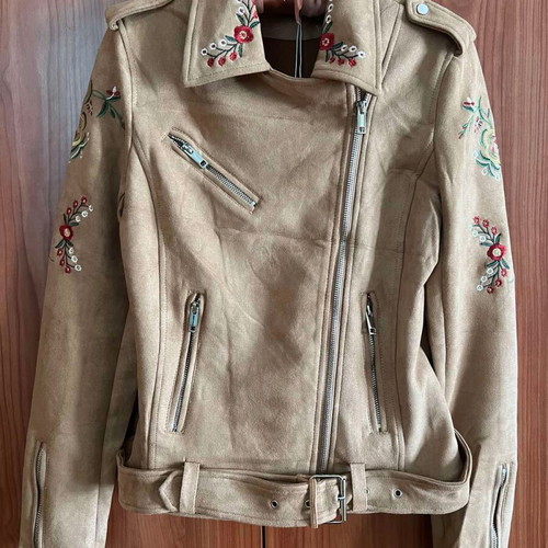 Biker jacket new, vegan suede with embroidery, size S-M