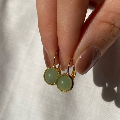 Handmade minimal retro earrings with green aventurine stone, gold color