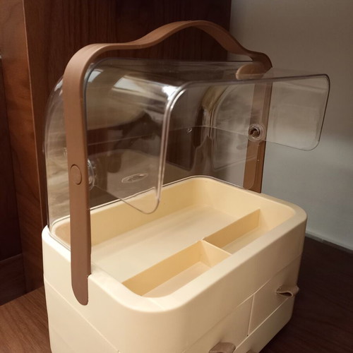 Cosmetics Organizer new with transparent cover and drawers, beige and brown