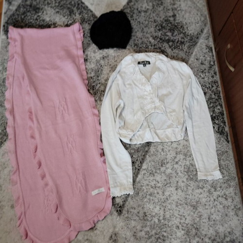 Pom Pom bolero, shirt scarf and hat like new, white and pink