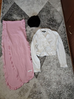 Pom Pom bolero, shirt scarf and hat like new, white and pink