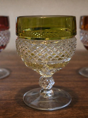Vintage set of 5 crystal glasses with colorful overlay like new