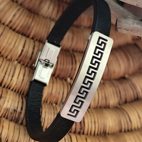 Men's leather bracelet with stainless steel meander new with tags