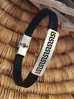 Men's leather bracelet with stainless steel meander new with tags