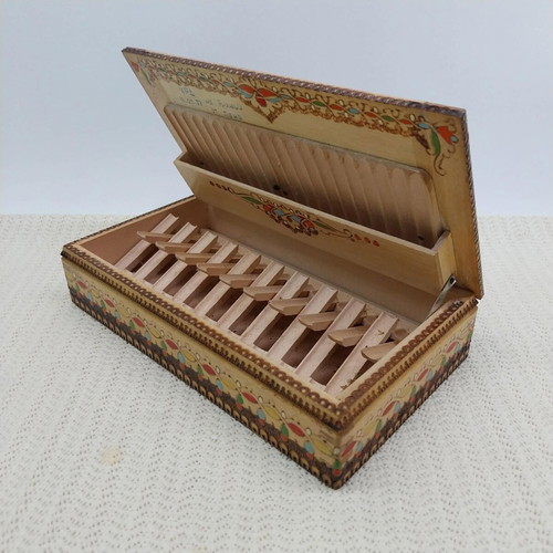Wooden cigarette box, vintage Bulgarian pyrography and painted