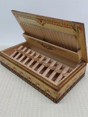Wooden cigarette box, vintage Bulgarian pyrography and painted