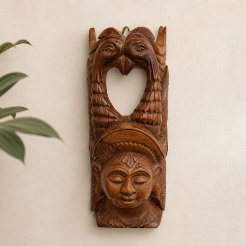 Vintage hand-carved wooden figure woman with birds, India, 23 cm