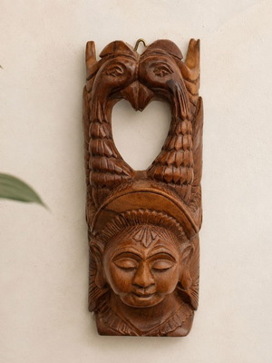 Vintage hand-carved wooden figure woman with birds, India, 23 cm
