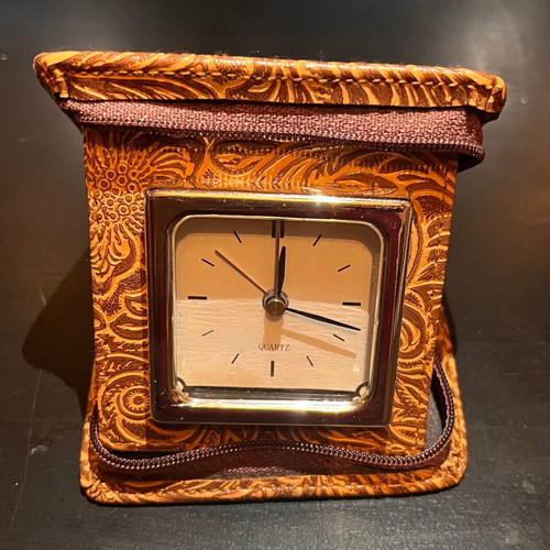 Travel clock leather embossed brown quartz unused with alarm