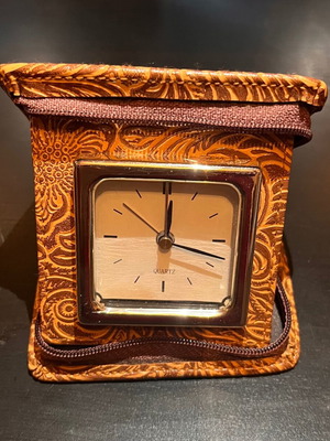 Travel clock leather embossed brown quartz unused with alarm