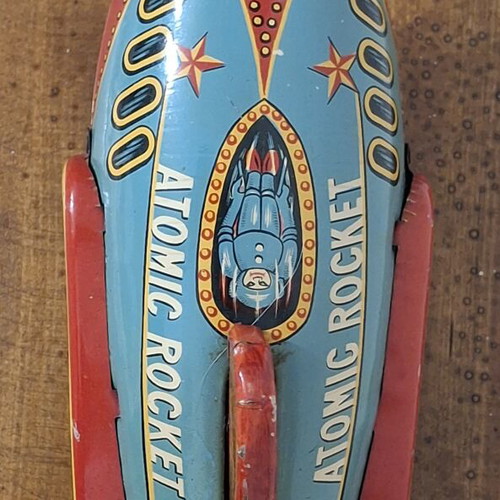 Atomic Rocket Tin Toy 1950s Masudaya Japan used, working mechanical