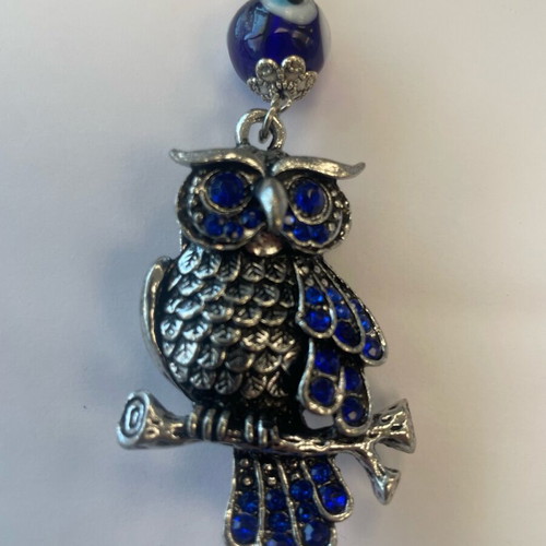 Good Luck Keychain with Owl and Eye new, blue and silver