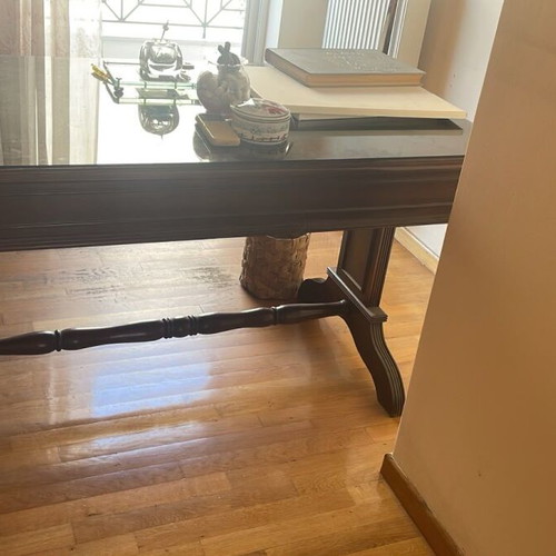 Antique wooden office desk with glass and 3 drawers, solid walnut