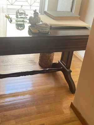 Antique wooden office desk with glass and 3 drawers, solid walnut