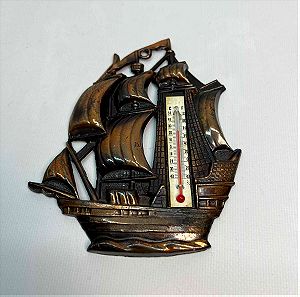 Vintage μεταλλικό θερμόμετρο τοίχου πειρατικό καράβι made in Japan 14x13