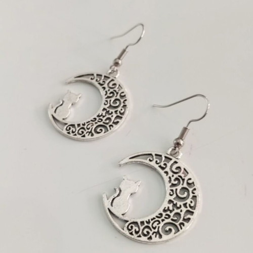 Cat and Moon Earrings new, stainless steel, silver color