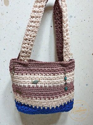 Handmade knitted shoulder bag in blue and beige tones new