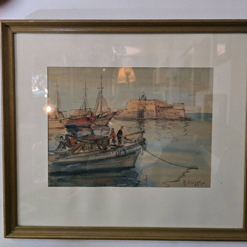 Watercolor V. Magkos "Harbor with Fishermen" like new, signed artwork