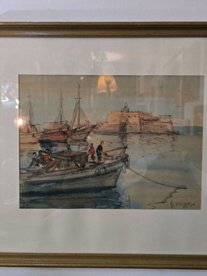 Watercolor V. Magkos "Harbor with Fishermen" like new, signed artwork