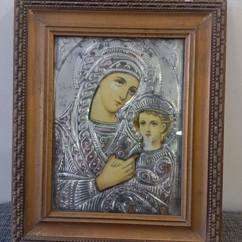 Vintage religious icon in frame used, 32x26 cm