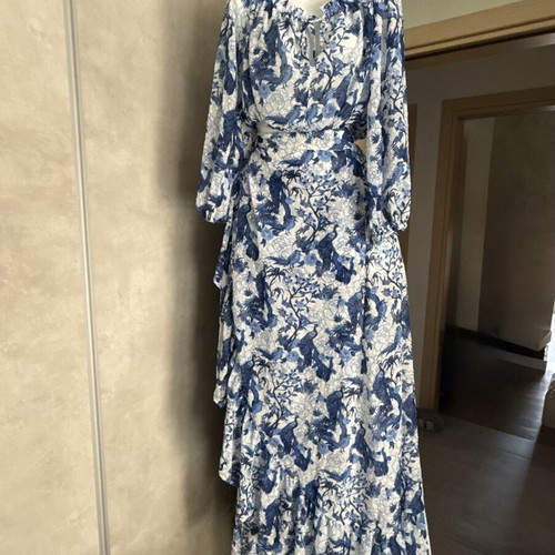 Virginia Karafousia off shoulder top and maxi skirt set new, white and blue