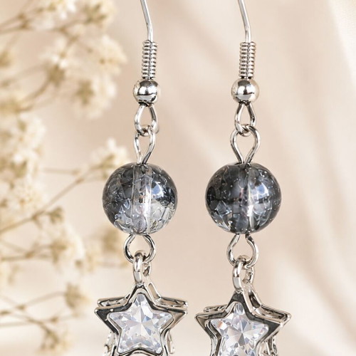 Cosmic Star Handmade Earrings with Silver Stars and Crackle Beads