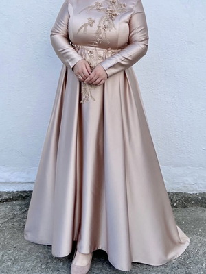 Satin maxi dress like new with embroidery champagne beige