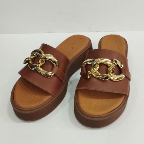 Leather sandals new, beige and brown, size 39, gold decoration