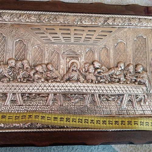 Silver relief Last Supper decoration on wooden base like new