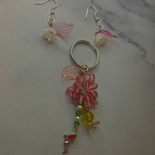 Handmade magic set with pink and multicolor keychain and earring