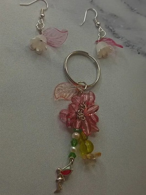 Handmade magic set with pink and multicolor keychain and earring
