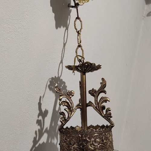 Vintage pendant light used, aluminum and painted opaline