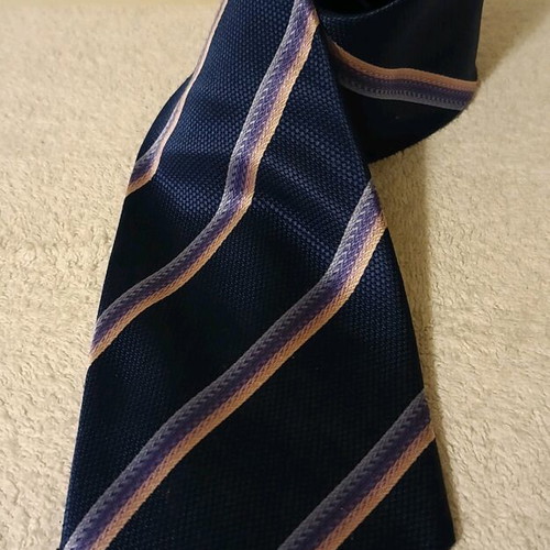 Thomas Scott men's tie new, dark blue with pink and purple stripes, 100% silk