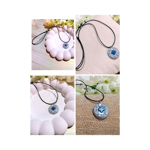 Handmade necklace with stainless steel iridescent silver motif and blue hematite cross